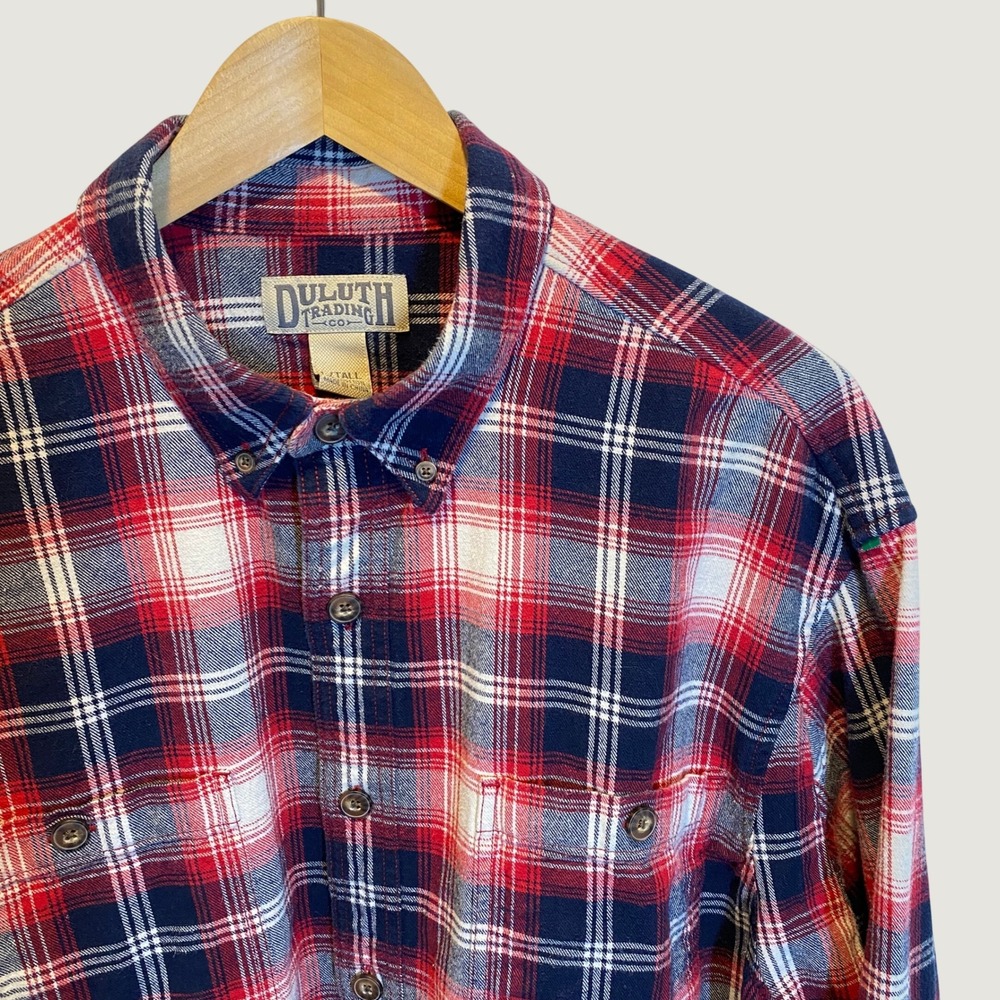 Duluth Trading Co Flannel Shirt Mens L Tall Red Plaid Excellent Long Sleeve